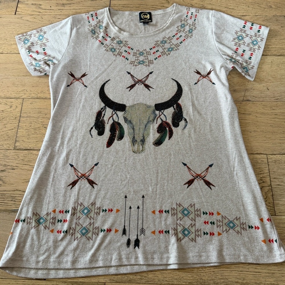 Ameri Mode Western Bull Skull Rhinestone T-Shirt Oatmeal L/XL T0307 (1468)